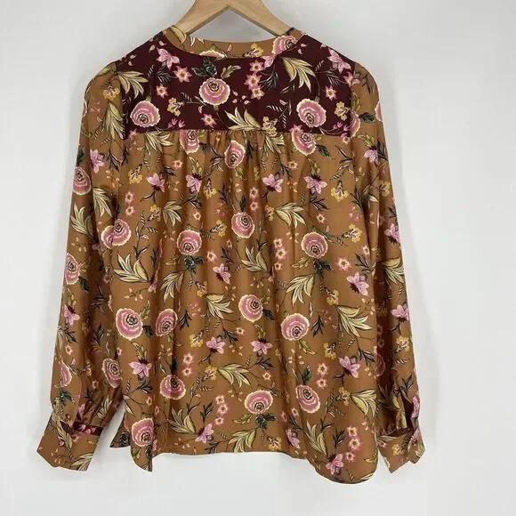 Loft Top Size Small Rust Mix Floral Print Long Sleeve Henley Top Puff Sleeve - Picture 7 of 10